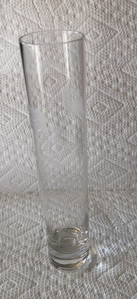 Vintage Clear Glass Etched Rose Pattern 8 Inch Bud Vase -NEW IN BOX
