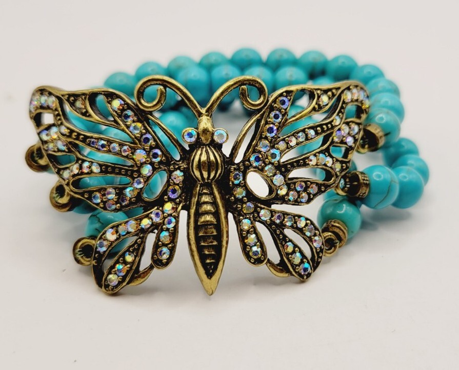 KIRKS FOLLY BUTTERFLY  Stretch Bracelet Turquoise Layered Antique Gold tone