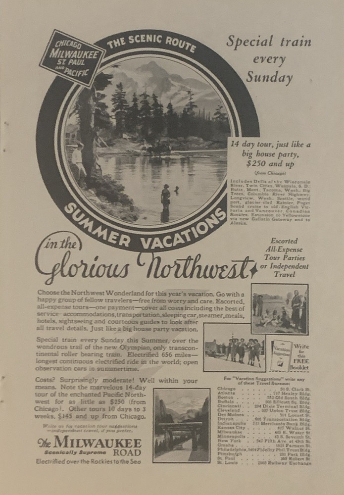 1930 Milwaukee Road Railway PRINT AD Scenic Route Glorious Northwest VTG 30s RR
