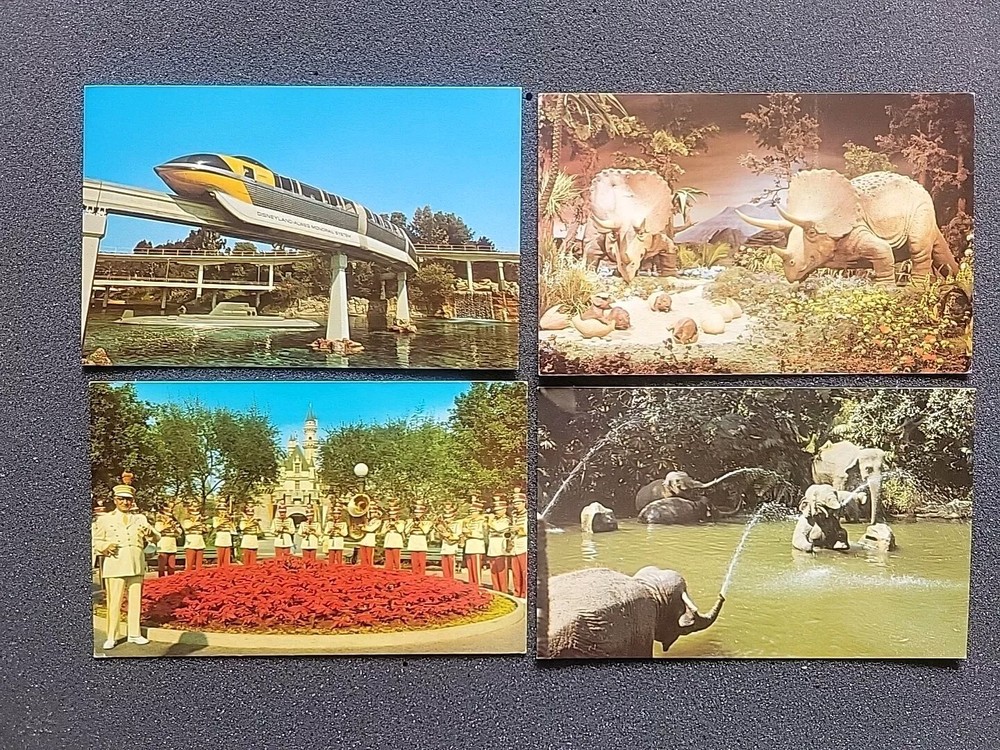 Vintage Walt Disney World Florida Postcards Lot of 4 Featuring Dinosaur Elephant Band Train