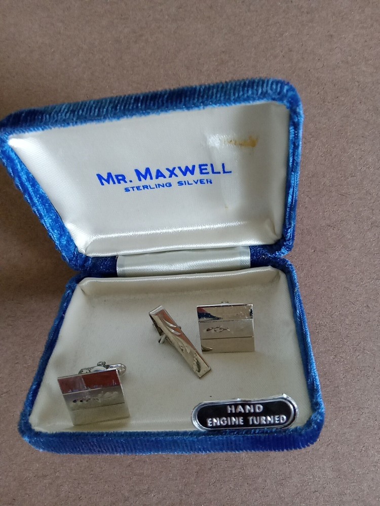 Vintage Sterling Silver Mr. Maxwell Cufflinks & Tie Clip Set MIB