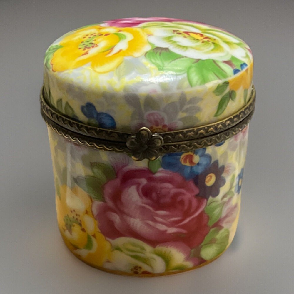 Small Round Floral Design Trinket Box with Slit Opening  