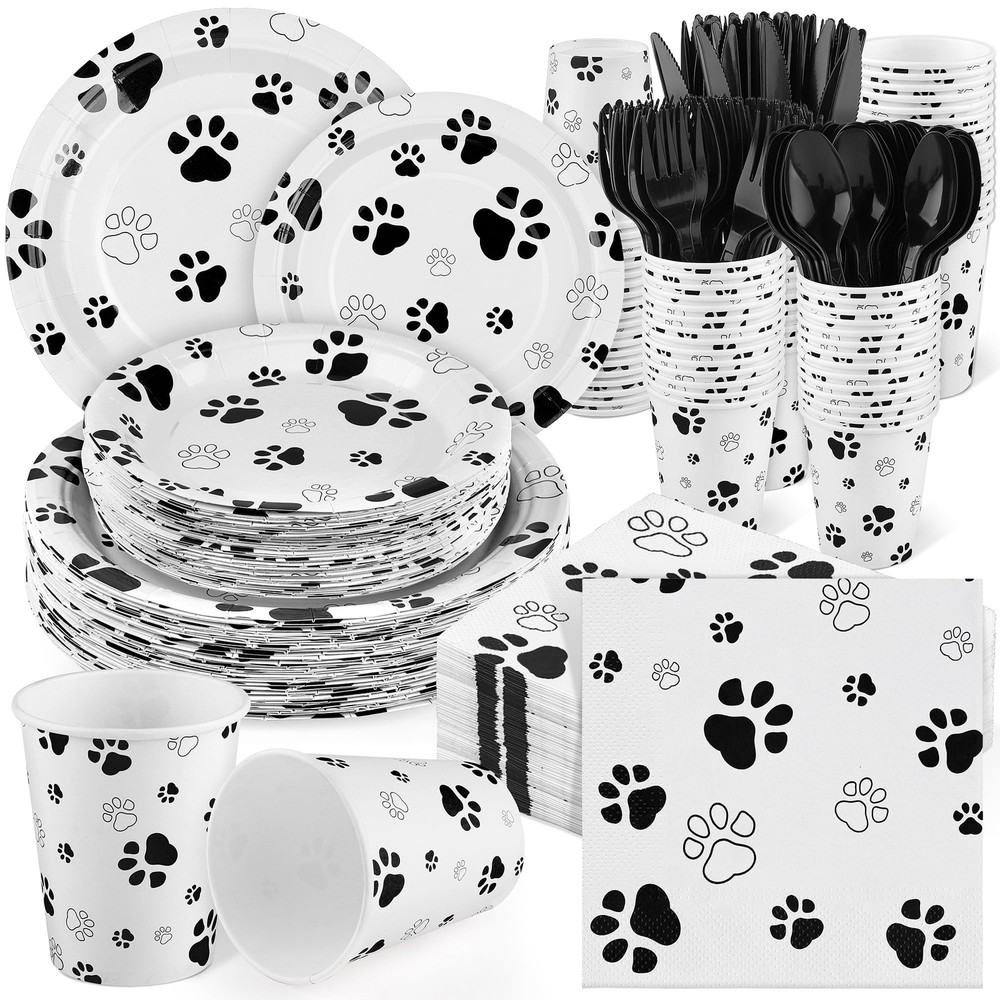 400 Pieces Black Paw Disposable Party Tableware Sets Dog Puppy Supplies Inclu...