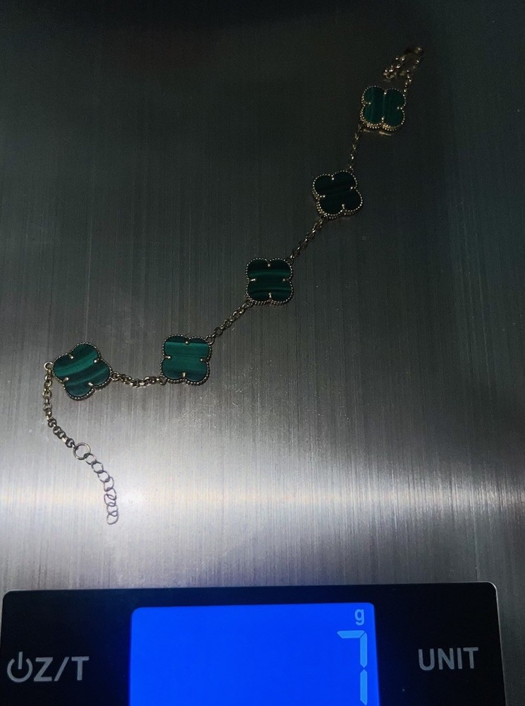 Huerta Malachite Clover Charm Bracelet 14k Yellow Gold Chain Luck Nature