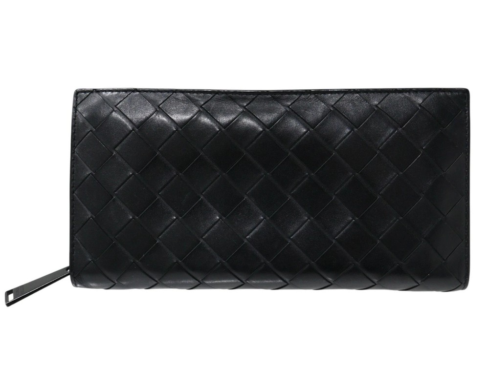 Bottega Veneta  Long Wallet Black Leather Intrecciato Zip Closure Used