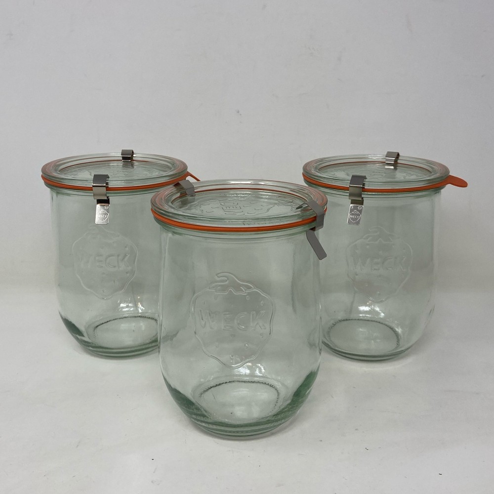 WECK 745 Tulip Jars 1L Clear Set of 3 w/ Glass Lids, Seals & Clips