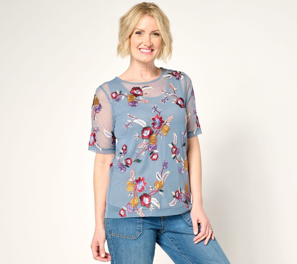 LOGO by Lori Goldstein Women's Top Sz XS Embroidered Mesh Multi-colored A684792