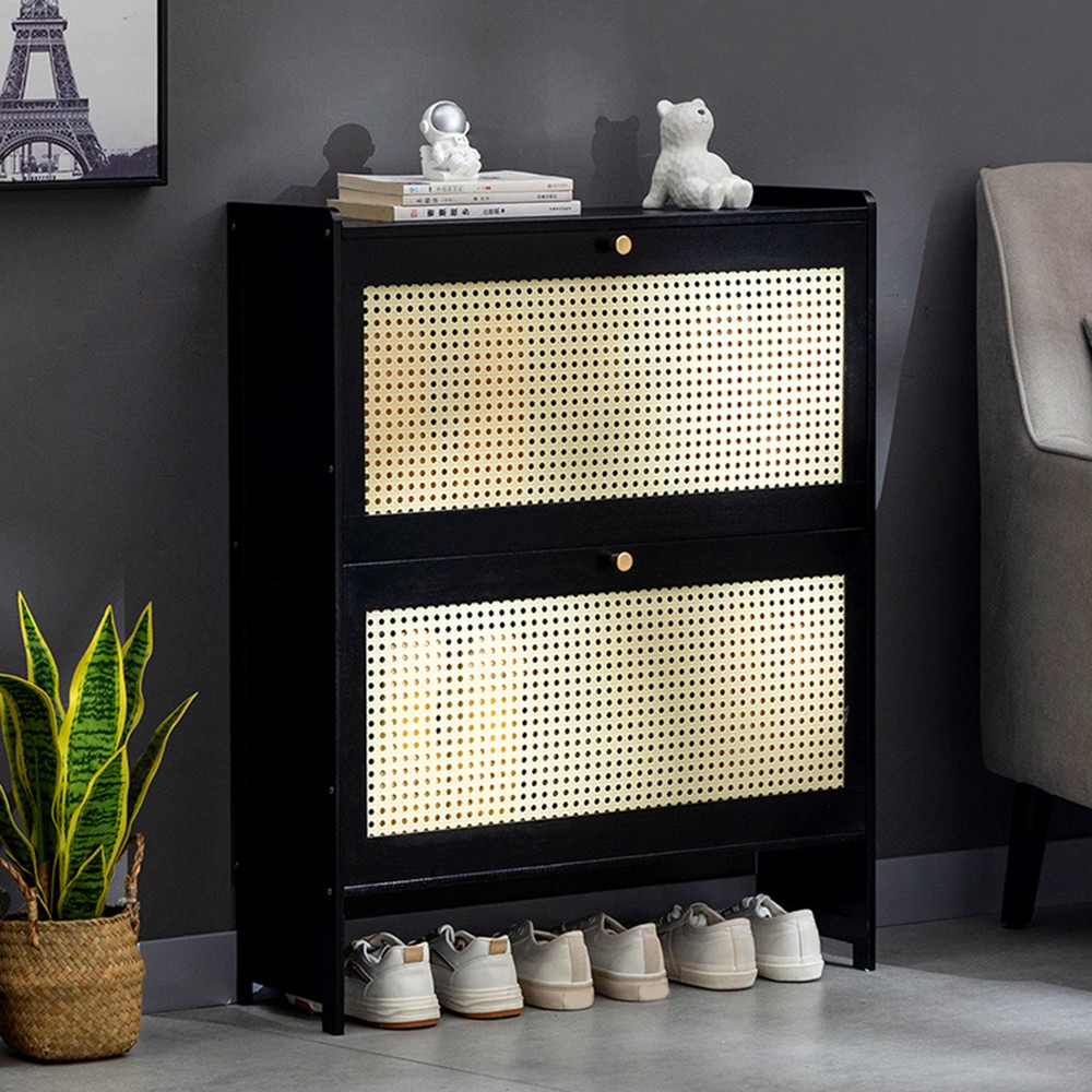 Tribesigns 2-Tier Rattan Shoe Cabinet Entryway Shoe Storage Organizer with Doors