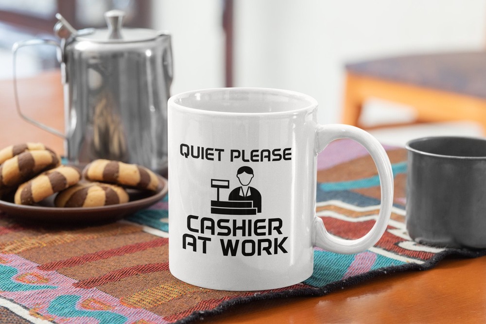 Funny Cashier Coffee Mug - Quiet Please Cashier At Work White Mug
