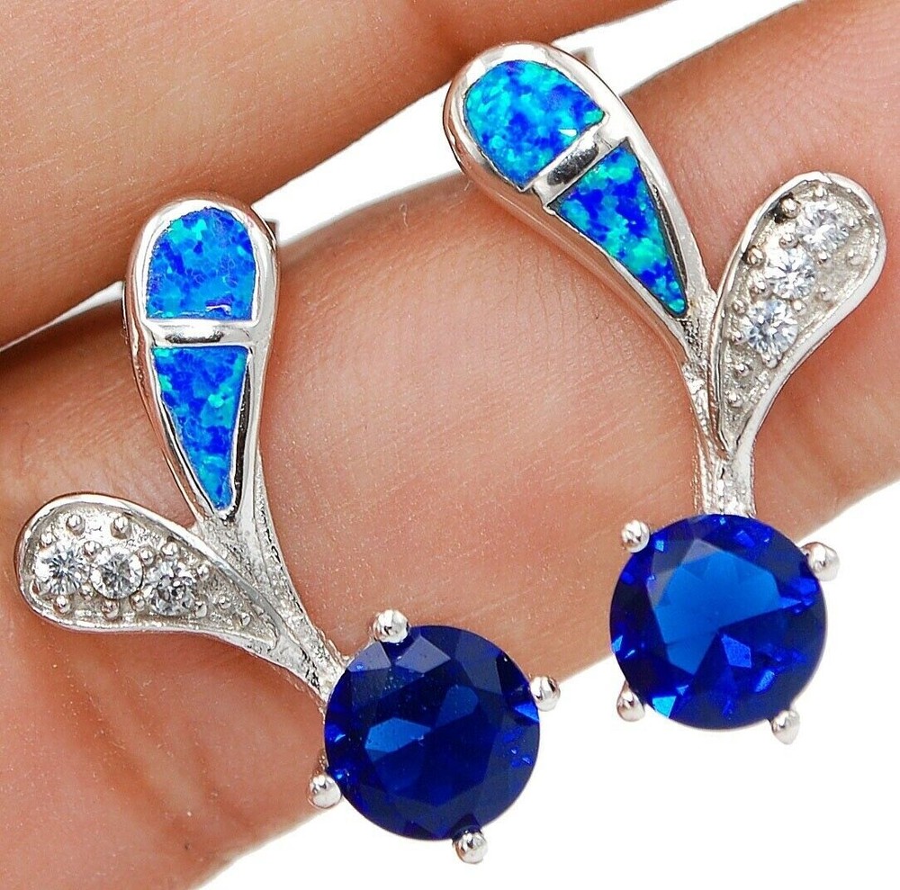 4CT Blue Sapphire & Australian Opal Inlay 925 Sterling Silver Earrings
