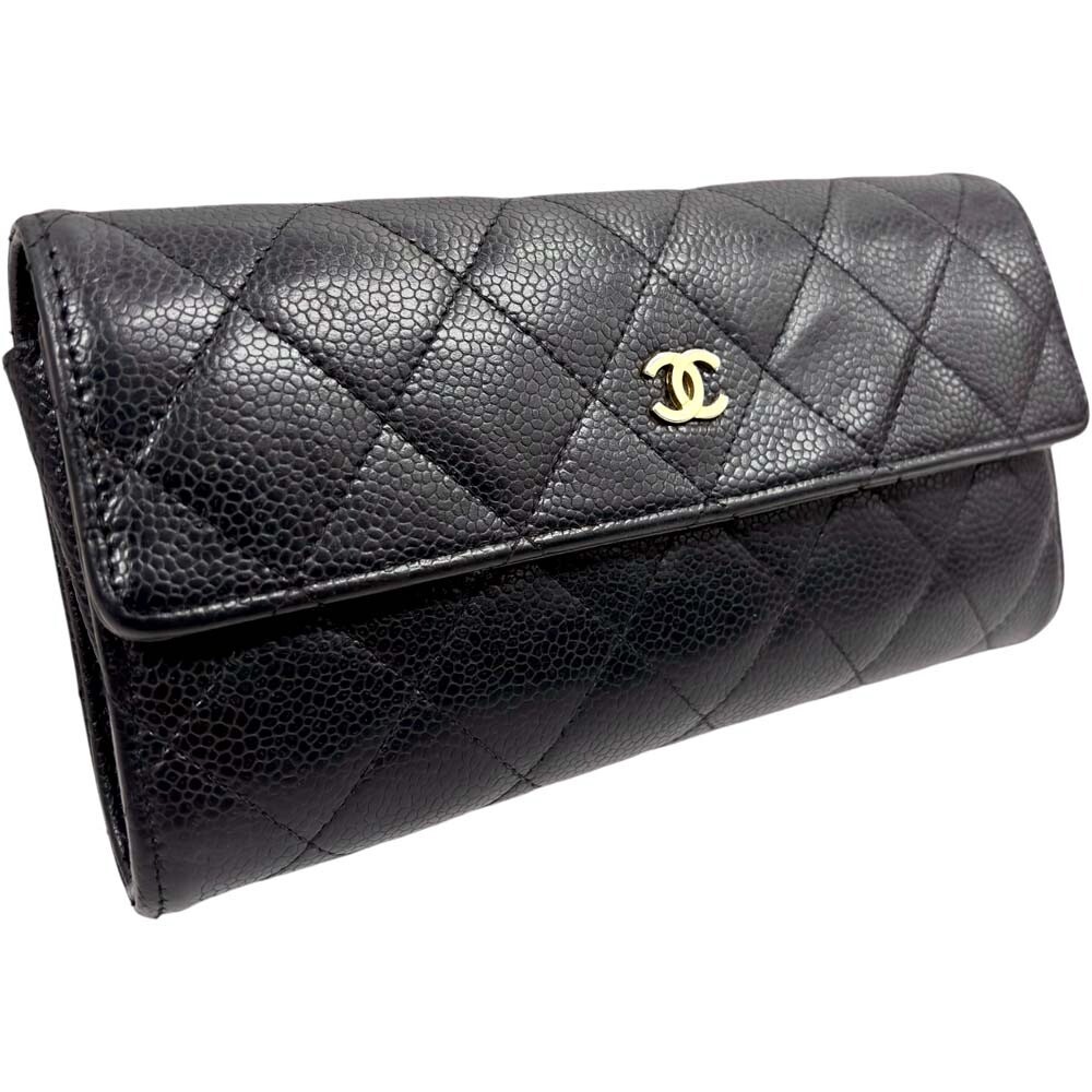 CHANEL Black Caviar Coco Mark Matelasse Flap Long Wallet A50096