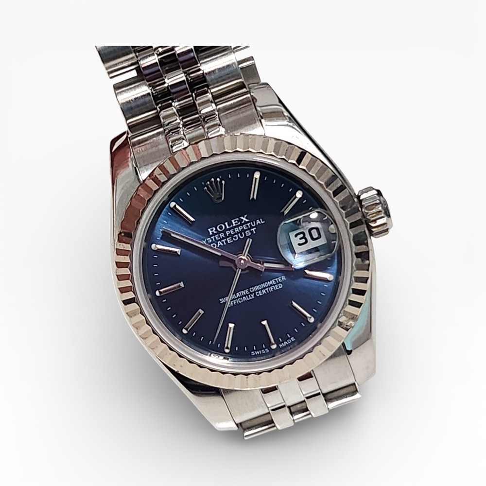 W/Papers 2010 Rolex Ladies Datejust 26 mm Blue Dial Jubilee Steel Watch 179174