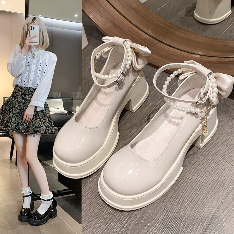 Pearl Buckle Mary Jane Shoes Women Spring High Heels Banquet Womens Shoes Lolita