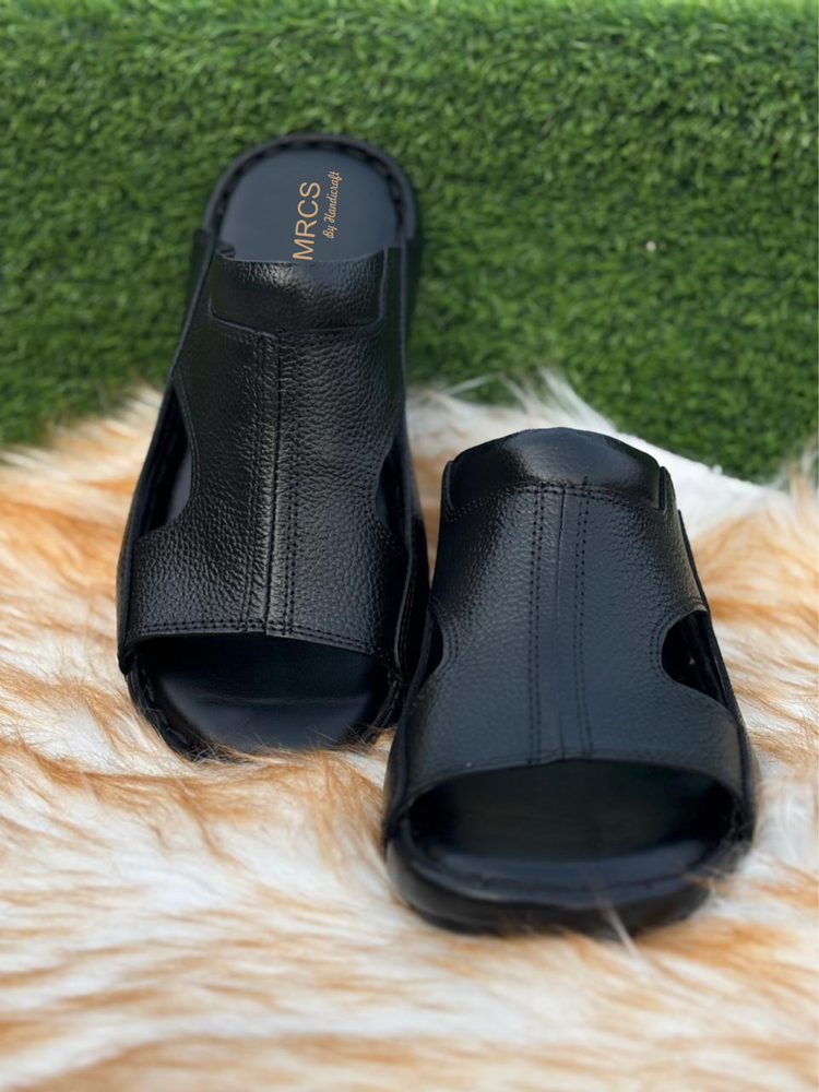 Men's Black Leather Slip-On Comfortable Handmade Sandals For Men