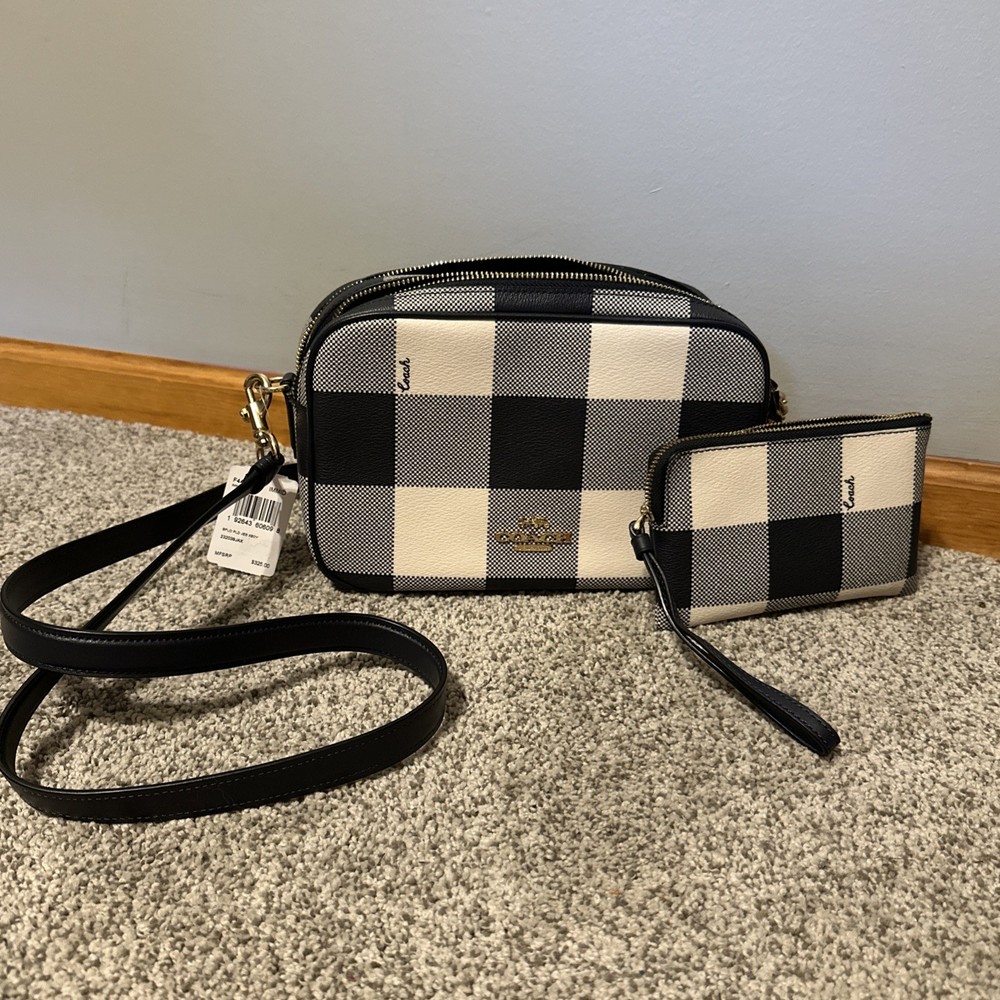 Coach Buffalo Plaid Navy Blue Ivory Crossbody with Wristlet NWT Rare