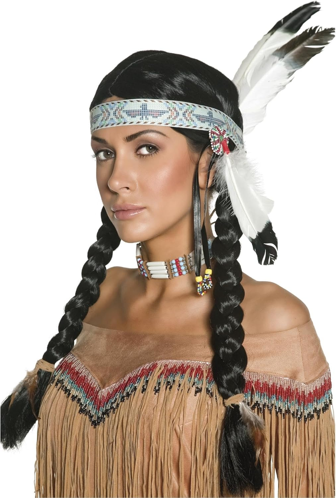 Smiffys Womens Native Indian Wig with Plaits and Feather Headband