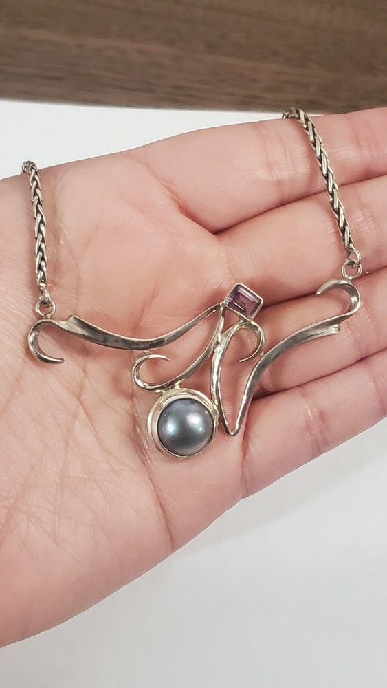Sterling Silver Necklace With Blue pearl And Amethyst 925 Vintage 14