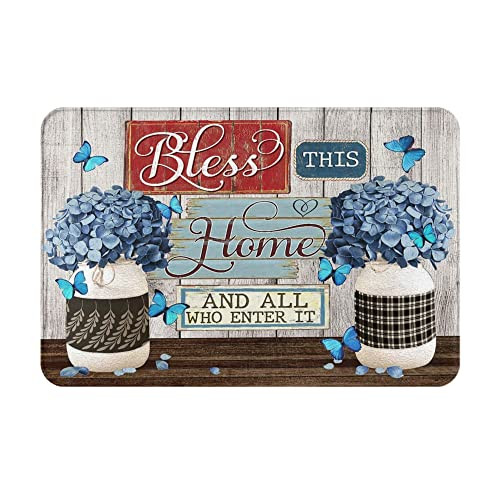 Welcome Mats for Front Door Entry Flower Butterfly Bless This Home and All Who