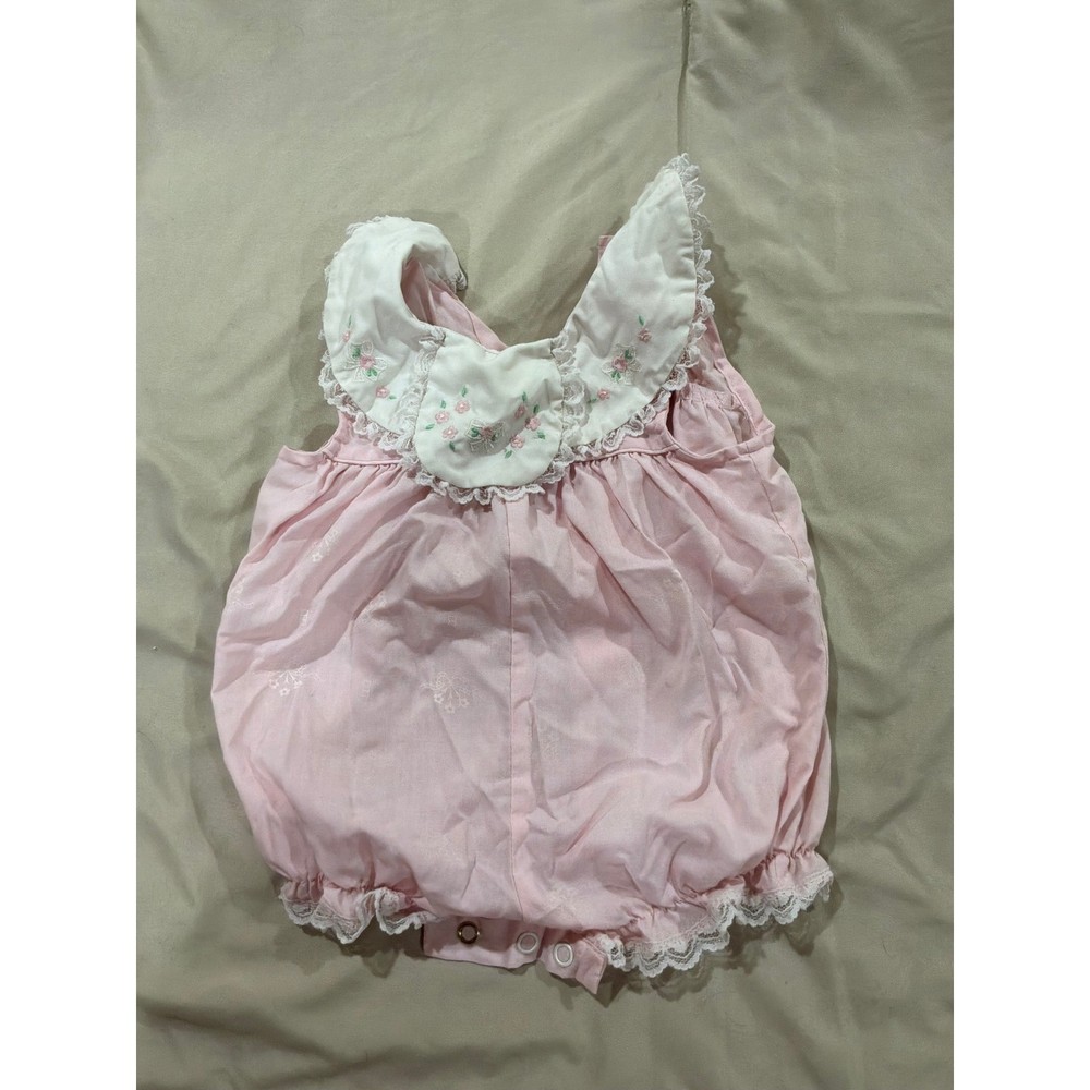 Vintage Pink Bubble Romper Floral Embroidered Lace Peter Pan Collar 3-6 Months