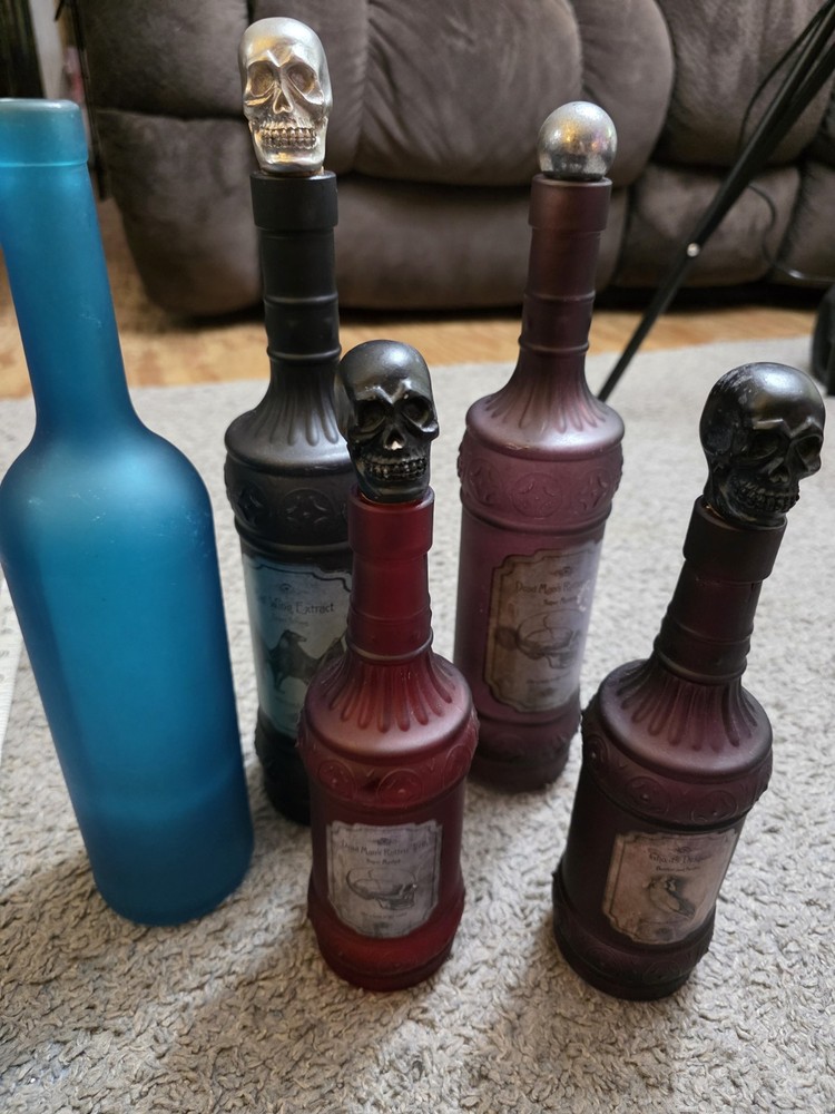 5 Halloween Themed Tall And Short Apothecary Frosted Glass Jar Decoration Set