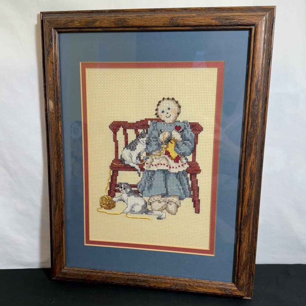 Vintage Framed Cross Stitch Art “Girl Knitting With Two Cats” Made Is USA