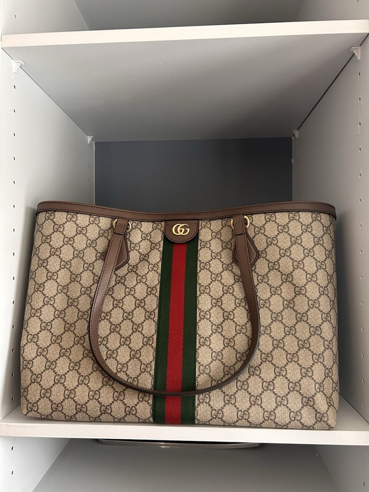 Gucci Ophidia Medium Tote Bag in Signature GG Canvas with Leather Trim  