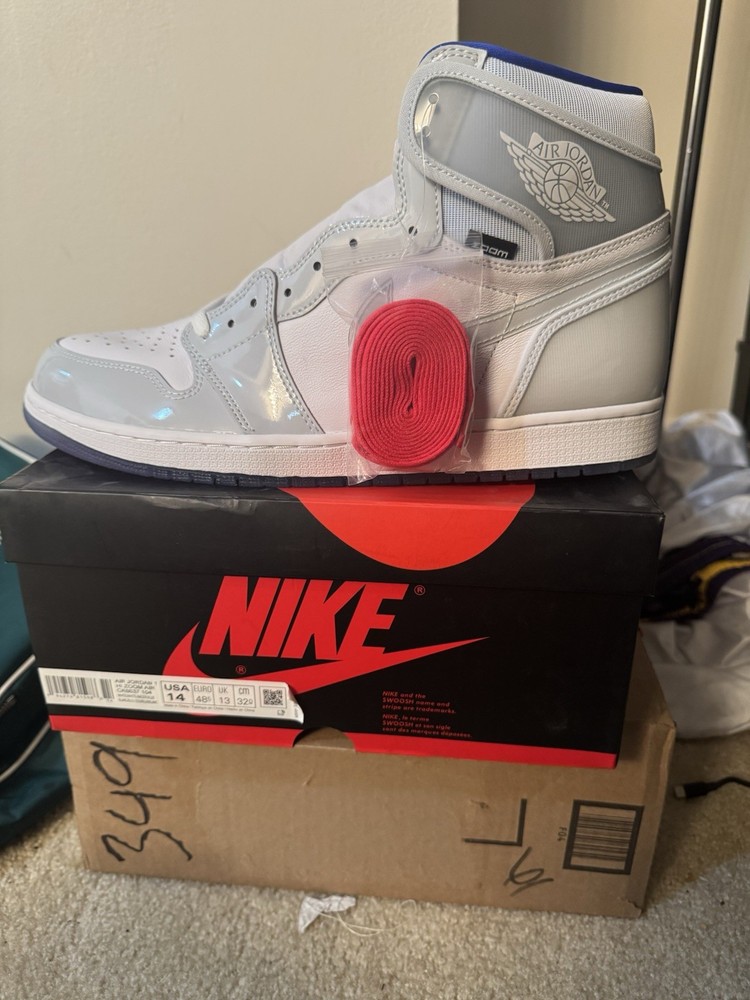 Size 14-Jordan 1 Retro High Zoom White Racer Blue