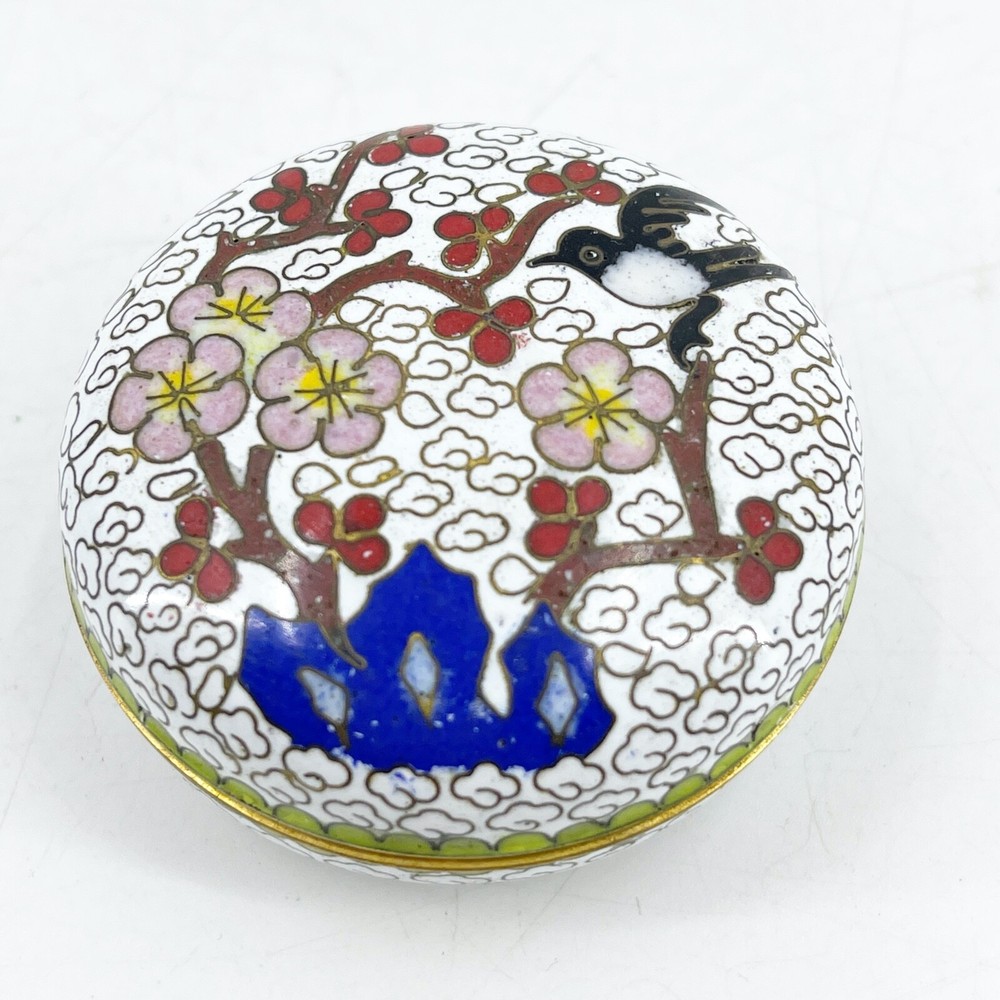 Vintage Lidded Cloisonne Pill Trinket Keepsake Box Cherry Blossoms Bird Lotus