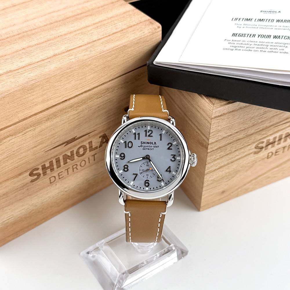 Shinola Runwell Men's Slate Blue Dial Tan Leather Strap Quartz Watch 41mm