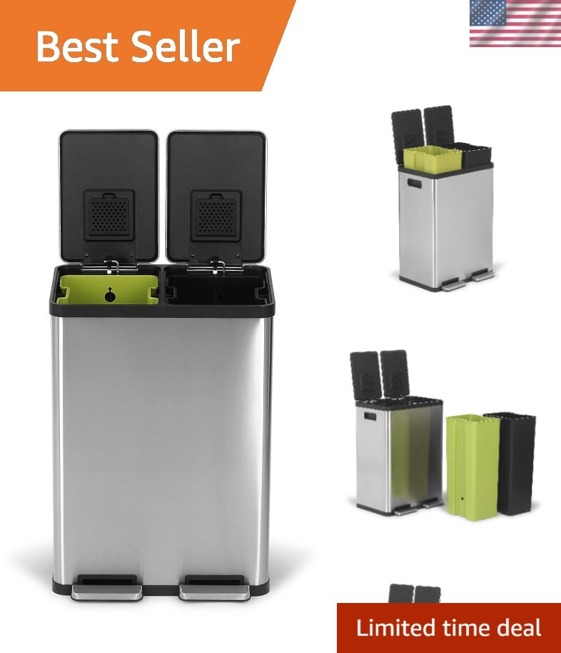 60 Liter / 16 Gallon Rectangular Hands-Free Dual Compartment Recycling Kitche...