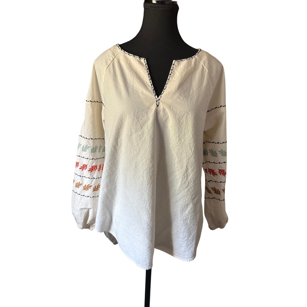 Madewell Embroidered Leaf Peasant Blouse Long Sleeve Bohemian Top Size S