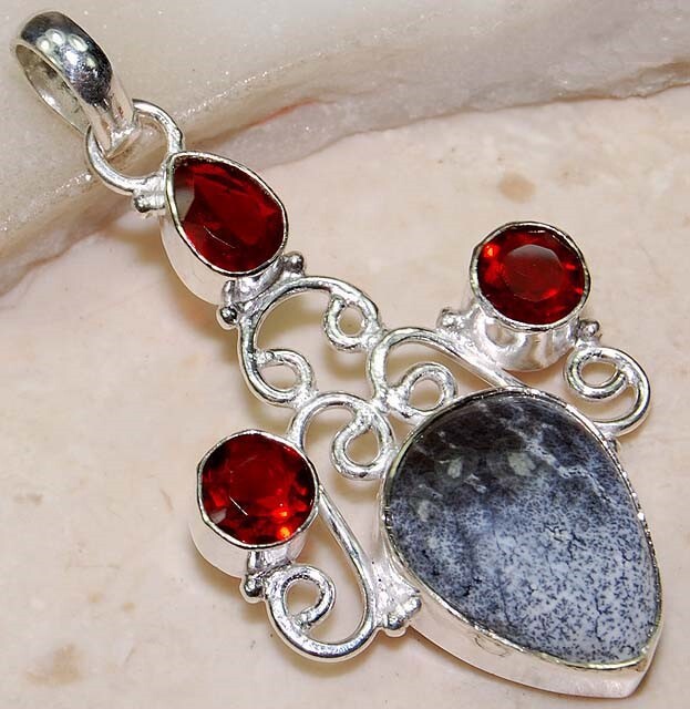 Natural Winter Dendrite Opal & Garnet 925 Sterling Silver Pendant @B17-4