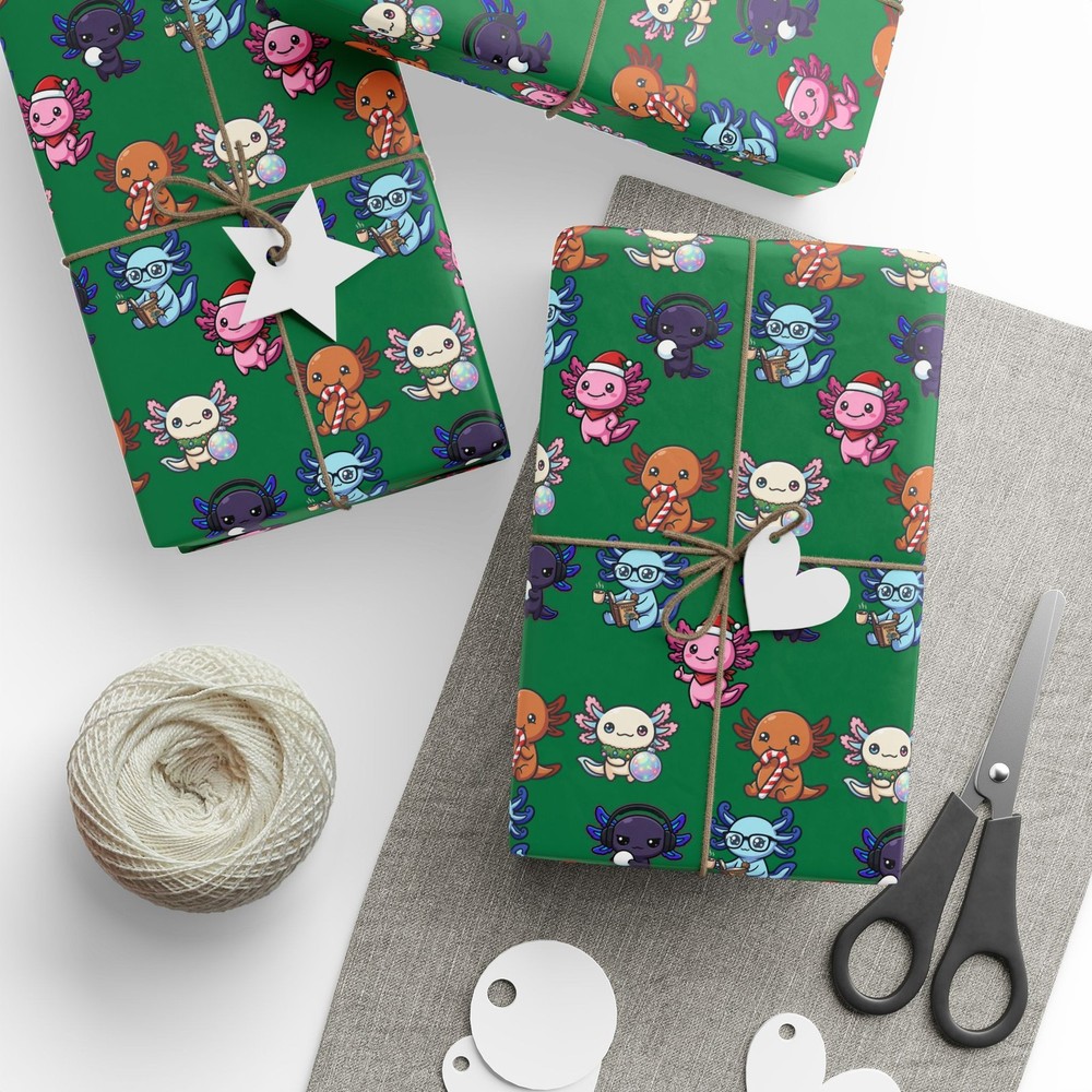 Axolotl Christmas Wrapping Paper — Cute Green Cartoon Holiday Gift Wrap