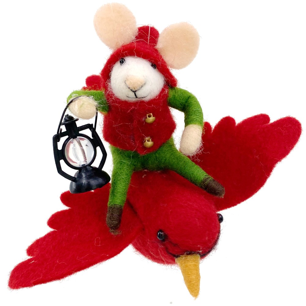 Mouse on Cardinal Ornament - Wool Mouse Riding Cardinal Christmas Holiday Decor