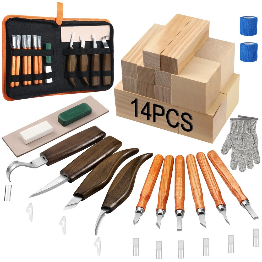 KINGBRO 42PCS Wood Carving Kit for Beginners,14 Basswood, Wood Whittling Kits...