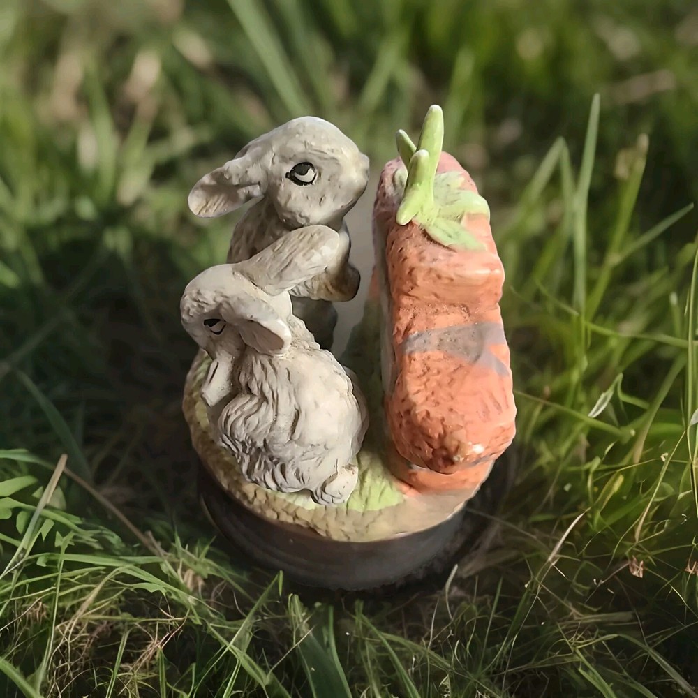 Rabbit Music Box Vintage Interpur Ceramic Bunny Feeding  Revolving Collectible