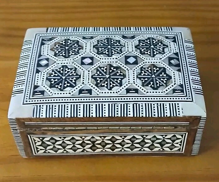 Elegant Wood Box with Mother of Pearl Inlay and Red Velvet Interior 5x3.5x2 Inches