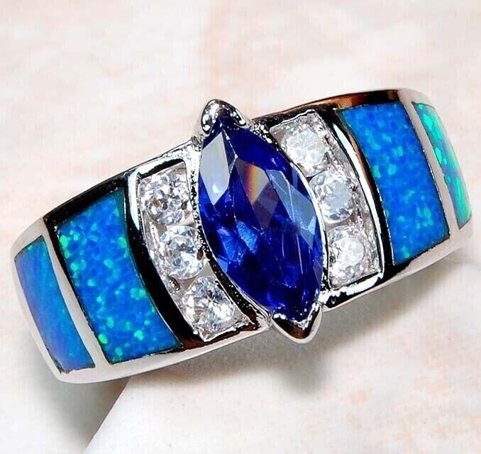 1CT Treated Sapphire & Australian Opal Inlay Sterling Silver Ring Size 7