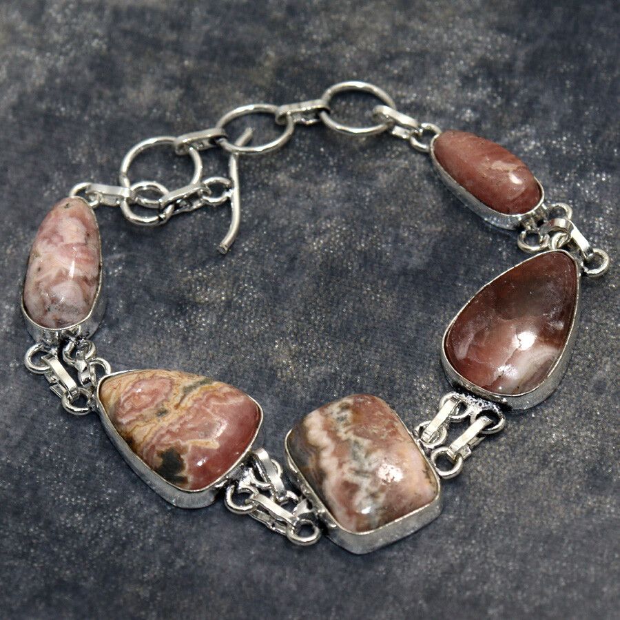 925 Silver Plated Rhodochrosite Ethnic Bracelet Handmade Jewelry Size 9