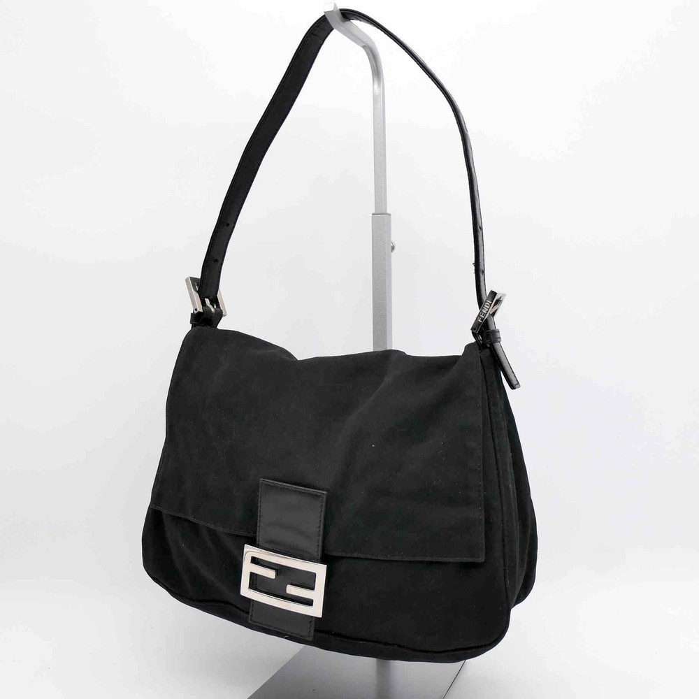 FENDI Mamma Baguette Shoulder bag FF Logo Handbag Black Cotton Leather Auth 674