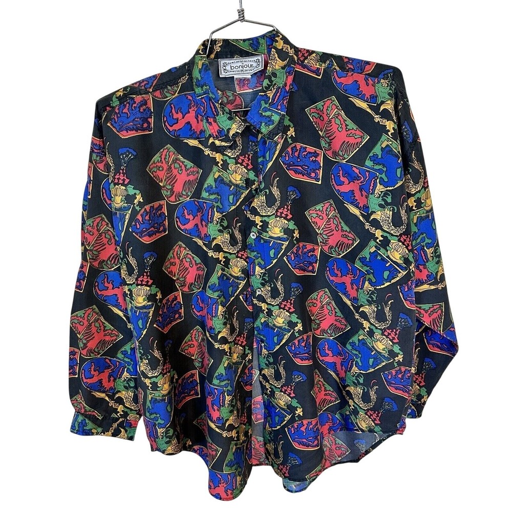 Bonjour Womens Long Sleeve Silk Button Up Shirt with Knight Griffin Shield Design in Size Medium