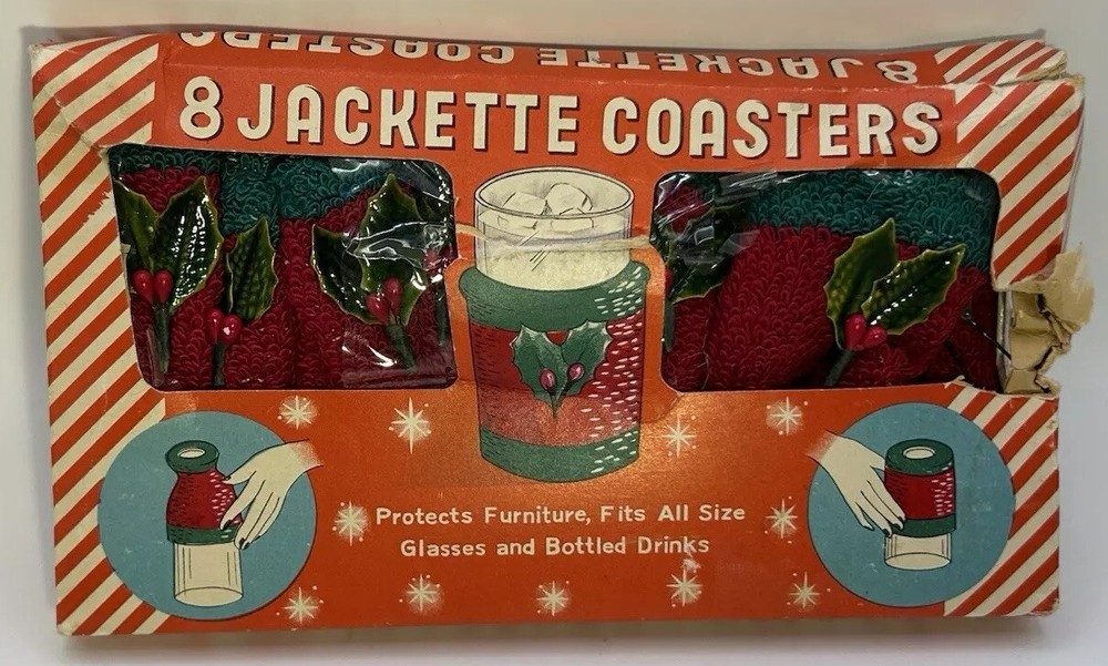Vintage 8 Christmas Jackette Coasters Sleeve Set Made in Japan 1950s In Box