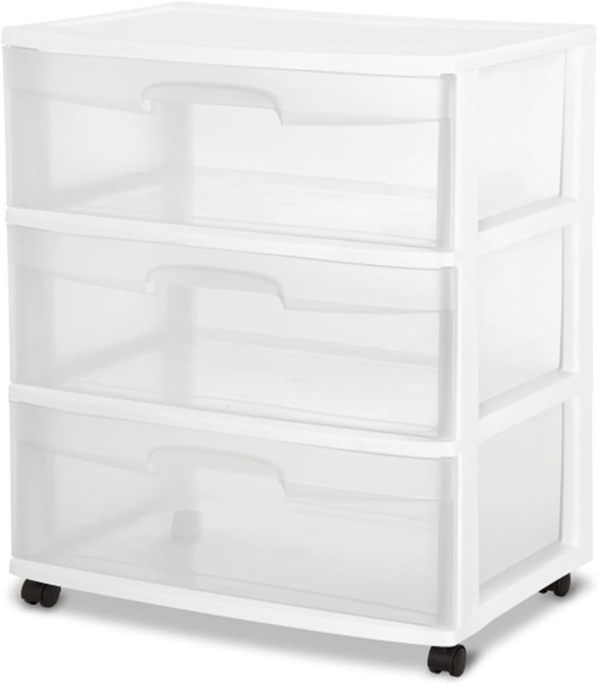 Wide 3 Drawer Storage Cart, Plastic Rolling Cart with Wheels to Organize Clothes
