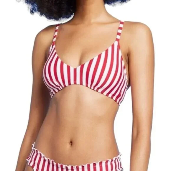 Shade & Shore, Sz 34D, Red White Striped Hidden Underwire Bikini Top, NWT