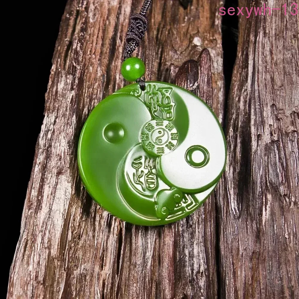 Green Jade Taiji Bagua Pendant Necklace Carved Jadeite Charm