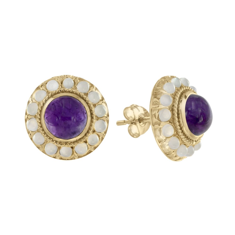 Cabochon Amethyst and Moonstone Halo Stud Earrings in 14K Yellow Gold