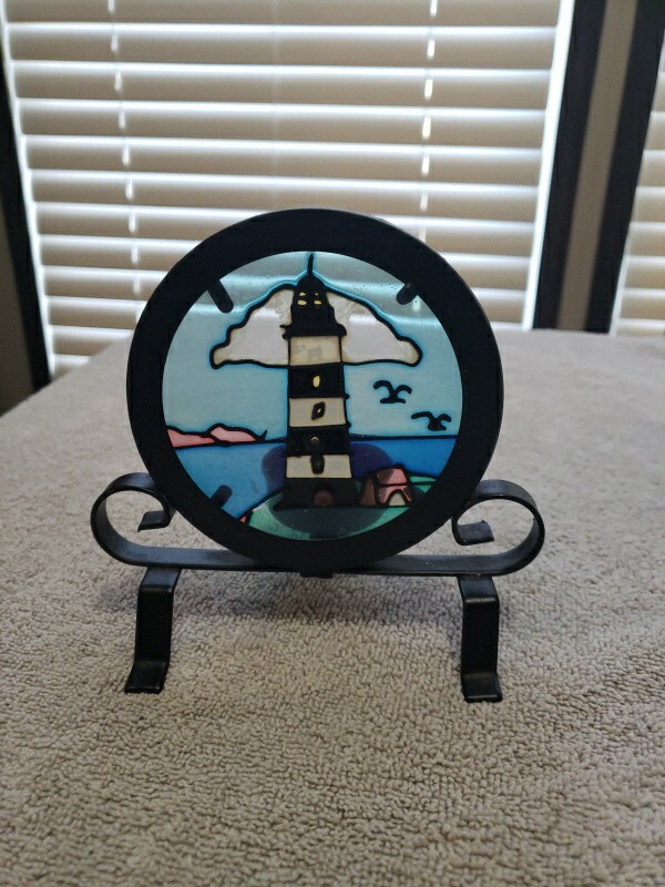 Lighthouse stained glass Candle holder in metal stand 5 x 5