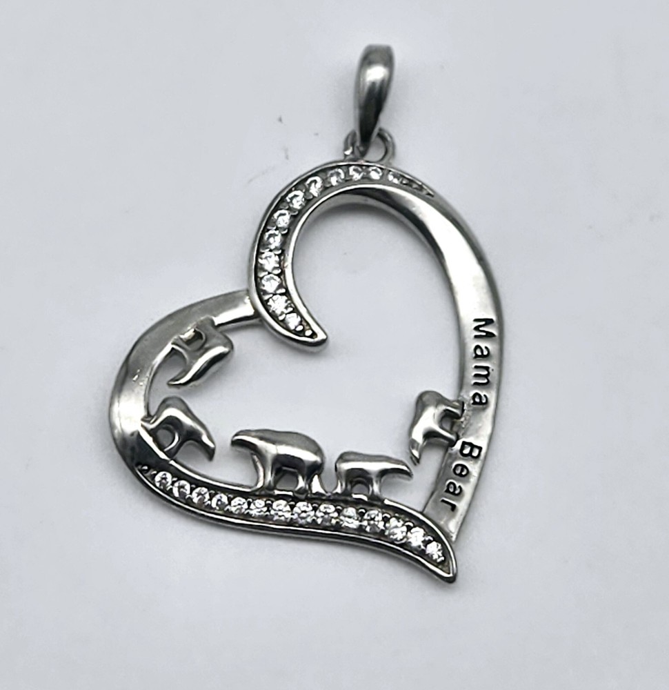 Sterling Silver Mama Bear Heart Pendant with Mothers Love - 2.5g