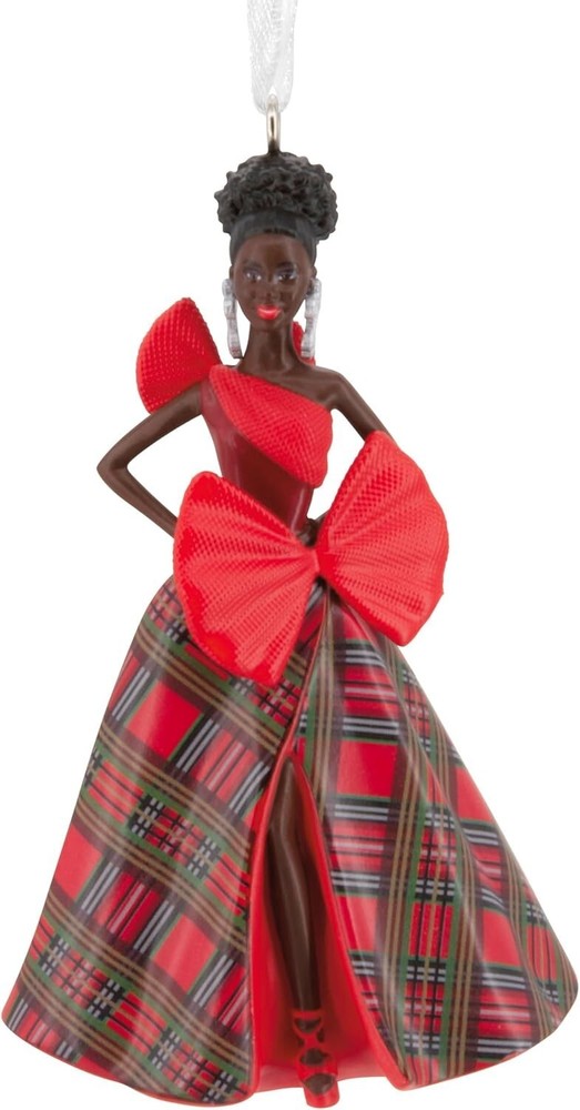 2024 Hallmark Mattel Holiday Black Barbie Red Plaid Dress Christmas Ornament New