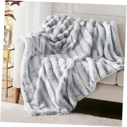 Luxury Fluffy Faux Rabbit Fur Throw Blanket Ultra Soft Cozy 60x80 Snow Lynx